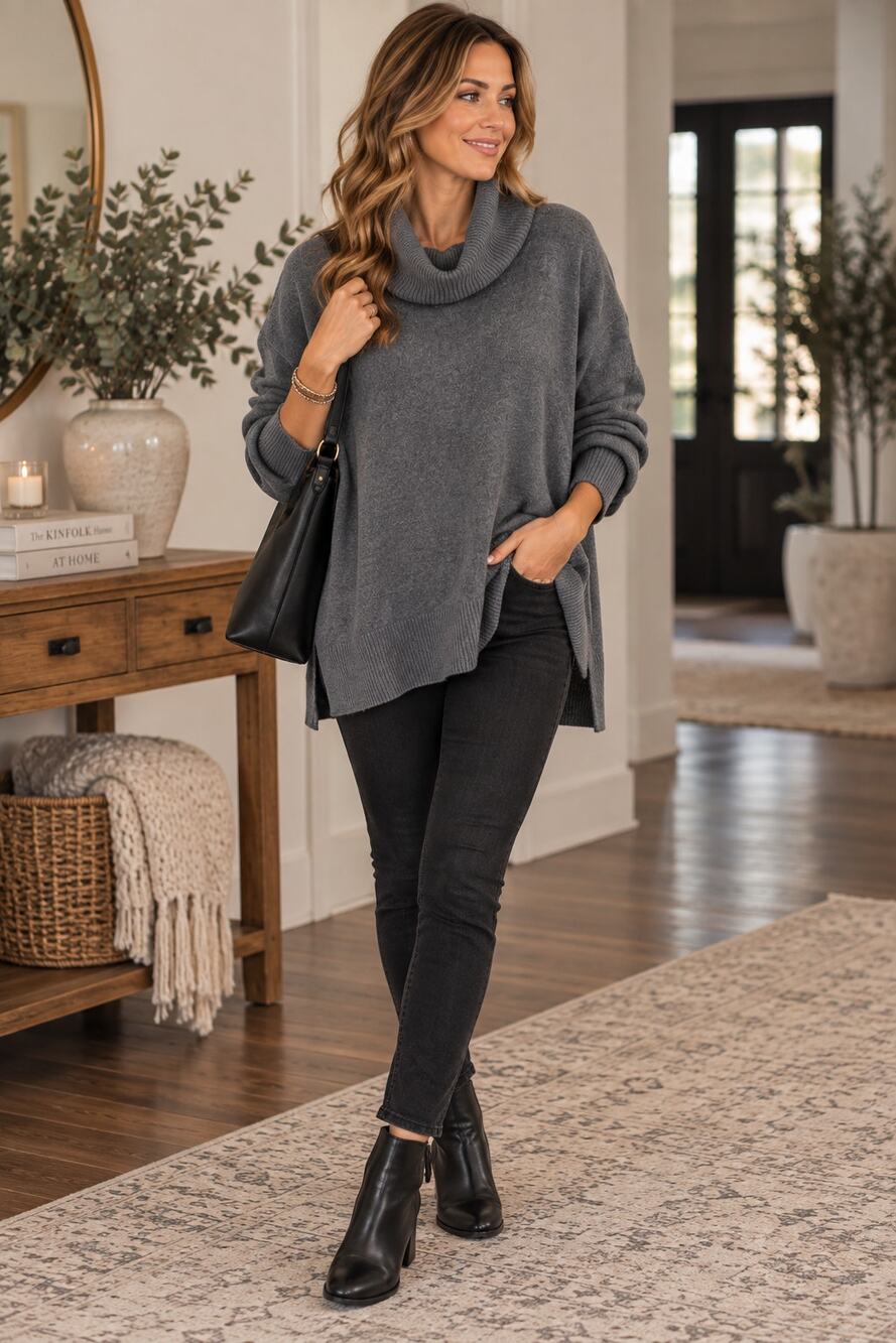 LOFT Medium Gray Cowl Neck Tunic Sweater Dark Academia Oversized Longline